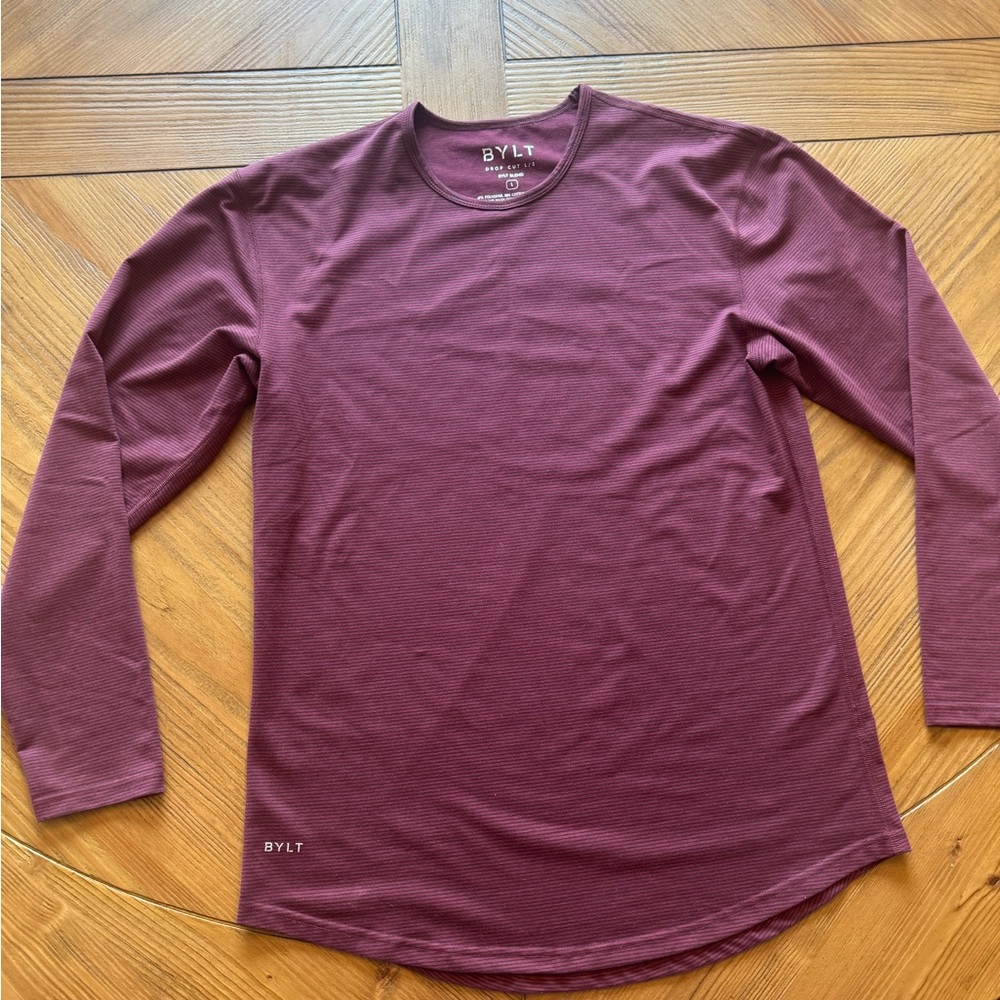 BYLT LONG SLEEVE STRIPED BURGANDY PERFORMANCE SHIRT L
